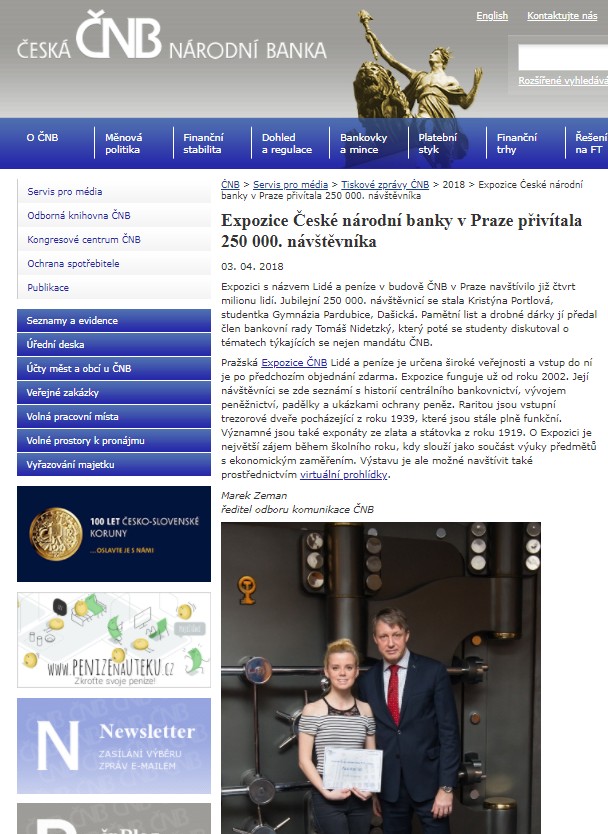 Česká národní banka: Kristýna Portlová ze 4. F se stala jubilejní 250 000. návštěvnicí této expozice